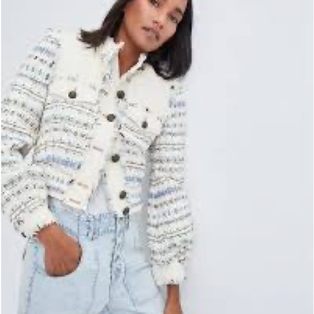 Veronica Beard Darren Tweed Cropped Denim Twill Paneled Blue Ivory Jacket